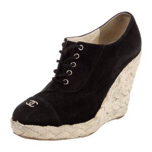 CHANEL Logo Black Suede Lace-Up Wedges Rare Authentic